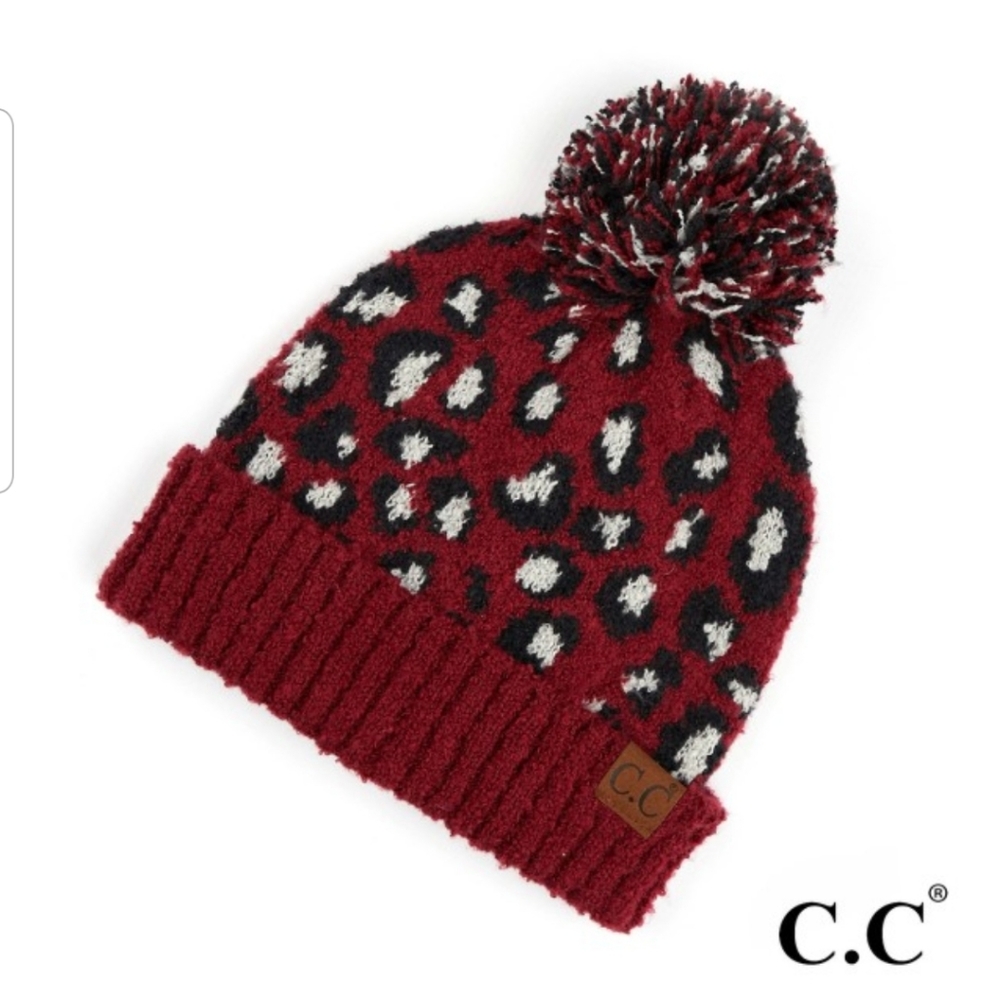 C.C.Beanie Leopard Print Burgundy Beanie w/Pompom